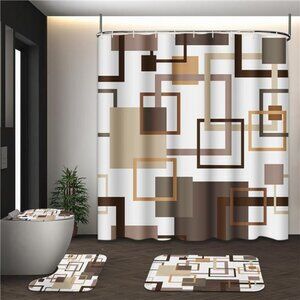 Brown Shower Curtain Set 4 Piece Bathroom Rug Toilet Lid Cover Geometric Modern